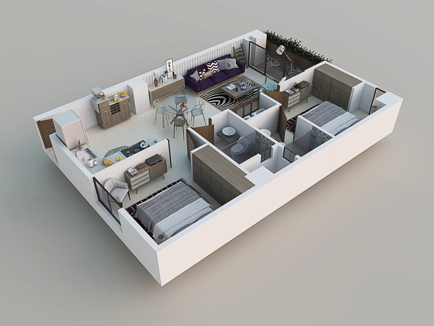 Plano 3D etiquetado del modelo Jade, 70 m²