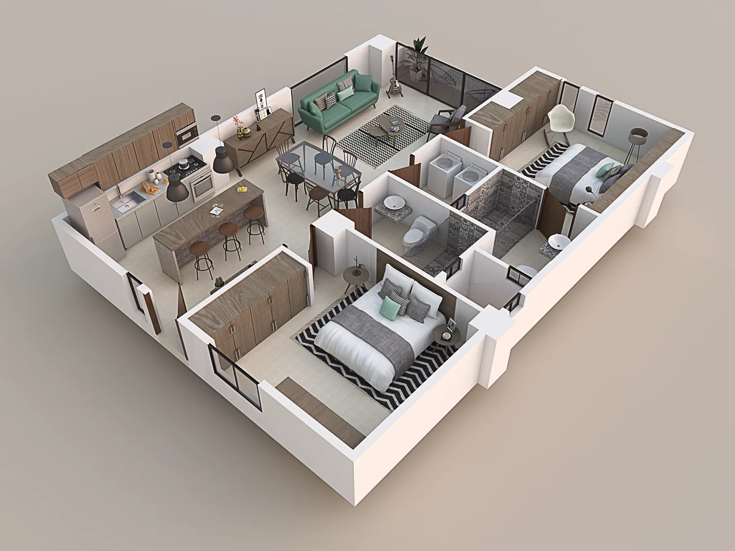 Plano 3D etiquetado del modelo Ópalo, 85 m²