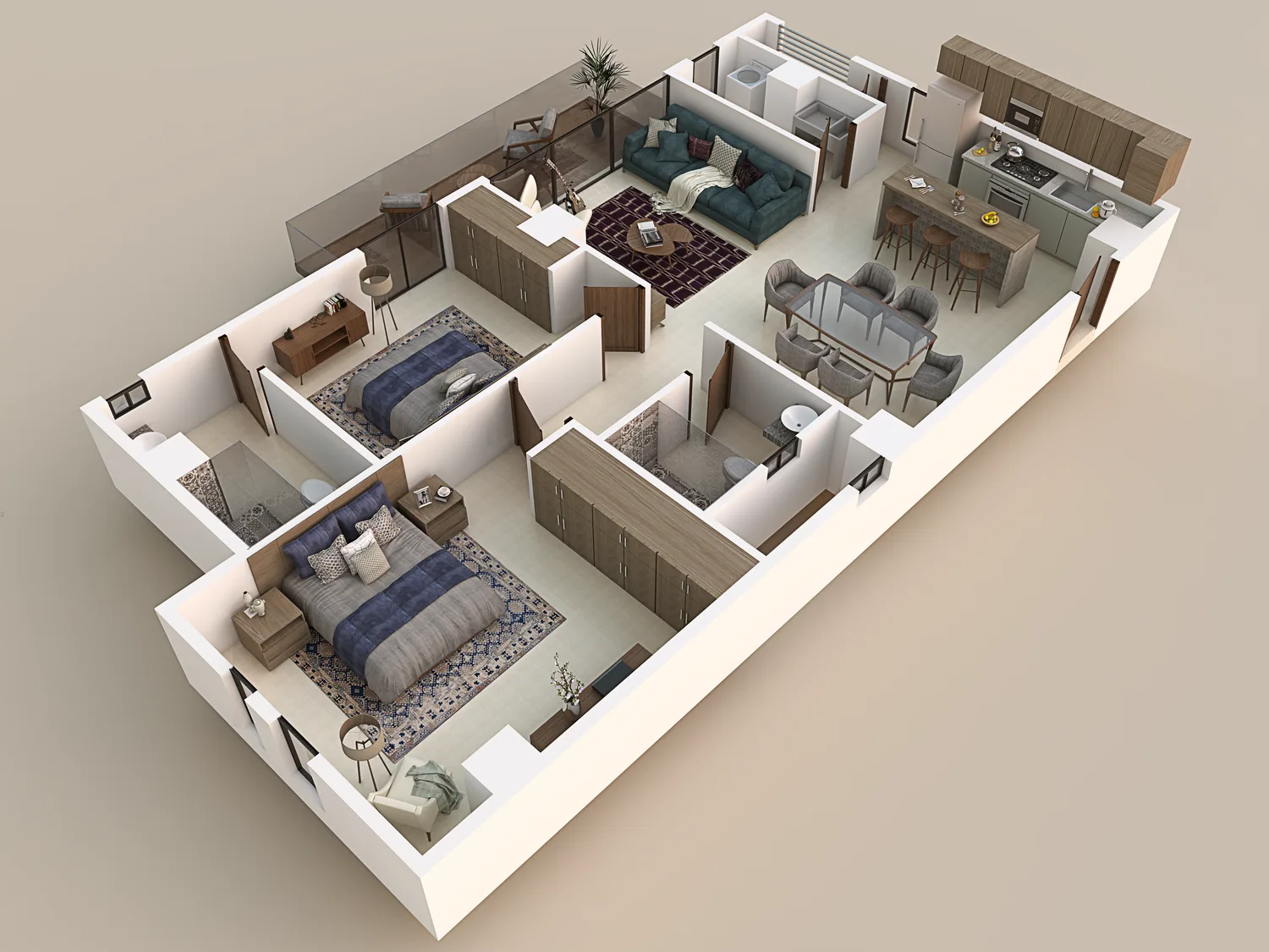 Plano 3D etiquetado del modelo Zafiro, 105 m²